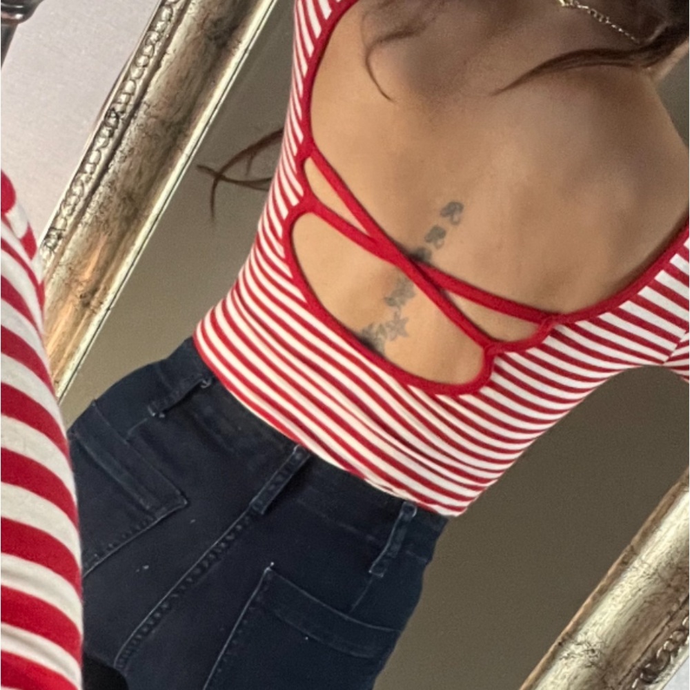 H&M striped red white long sleeve crisscross cut out back bodysuit candy cane.